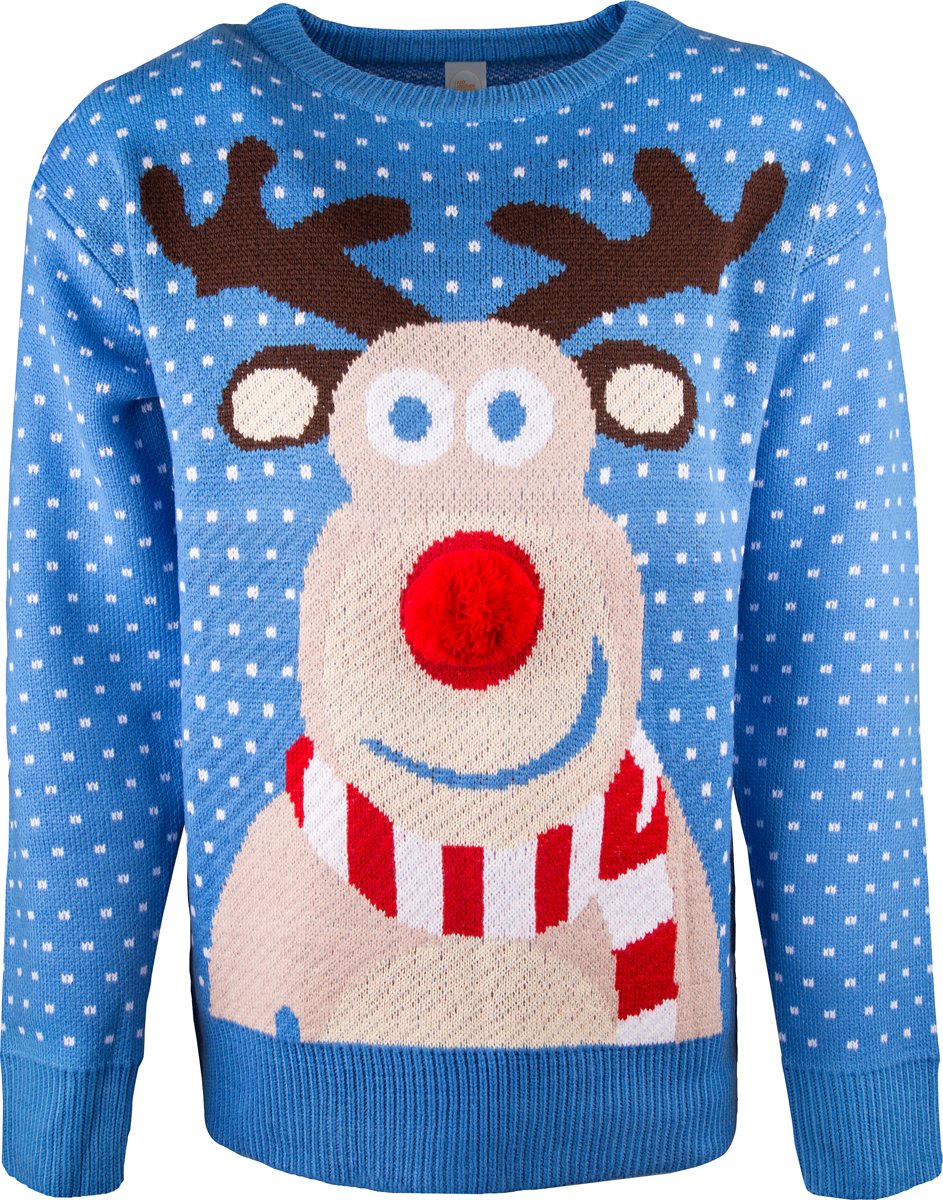 JAP Foute kersttrui - Rudolf met 3D neus voor volwassenen | Dames en heren | Maat L | Blauw